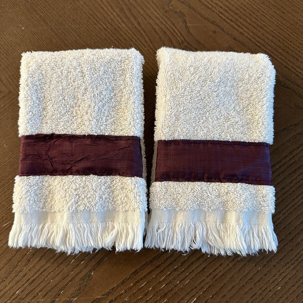 2 Croscill Hand Towels Purple‎ Band Cotton White India Grannycore 17'' x 13''
